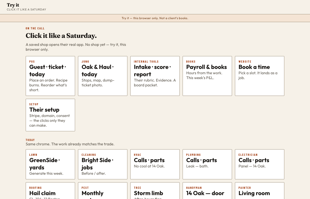 Live demos — CRM, POS, and a booking page