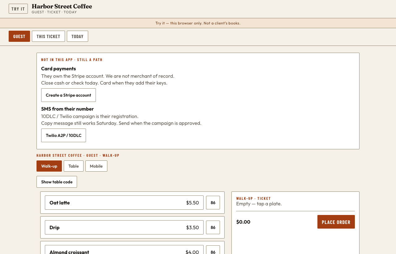 Harbor Street Coffee POS — walk-up ticket